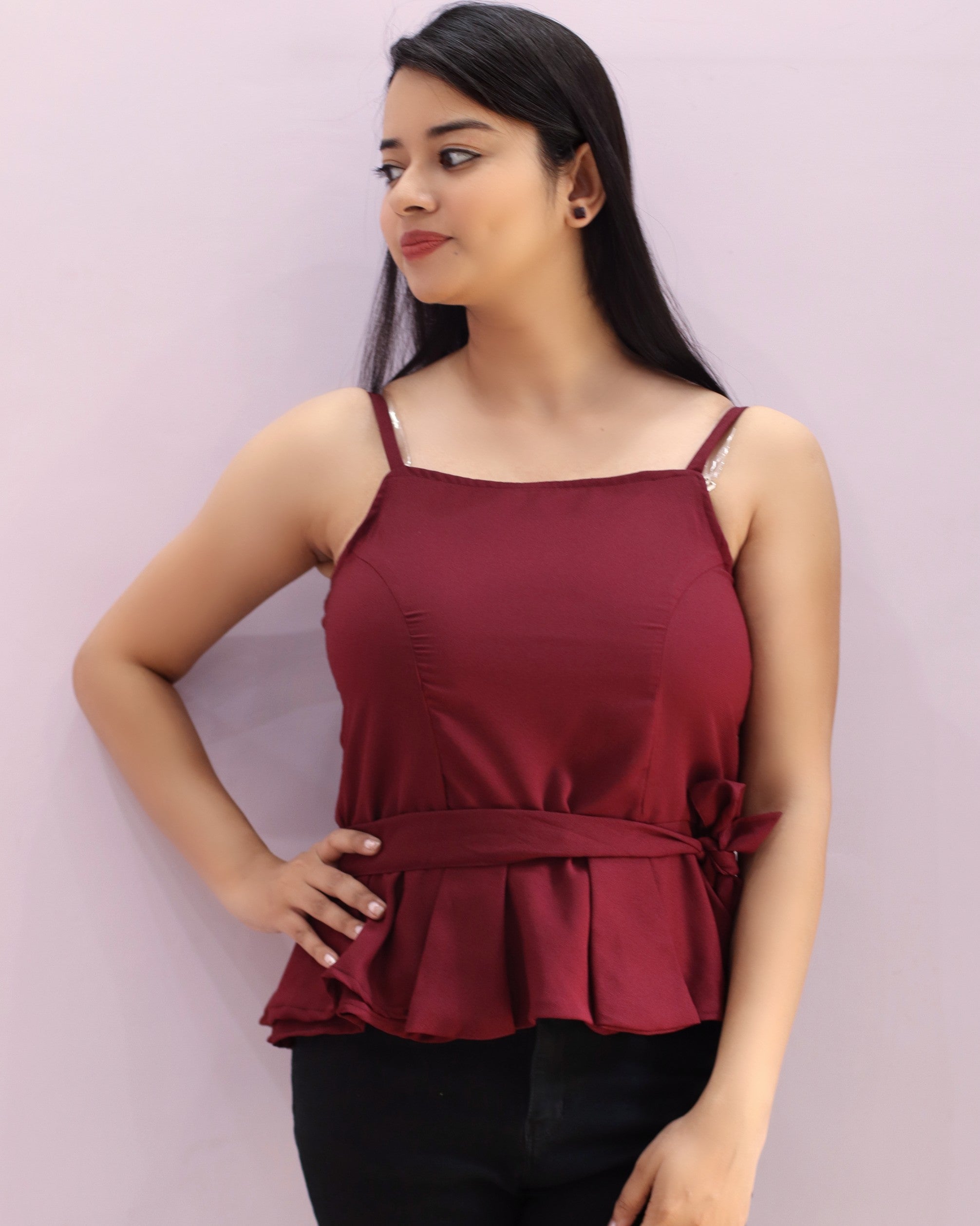 Women Maroon Side Knot Peplum Top