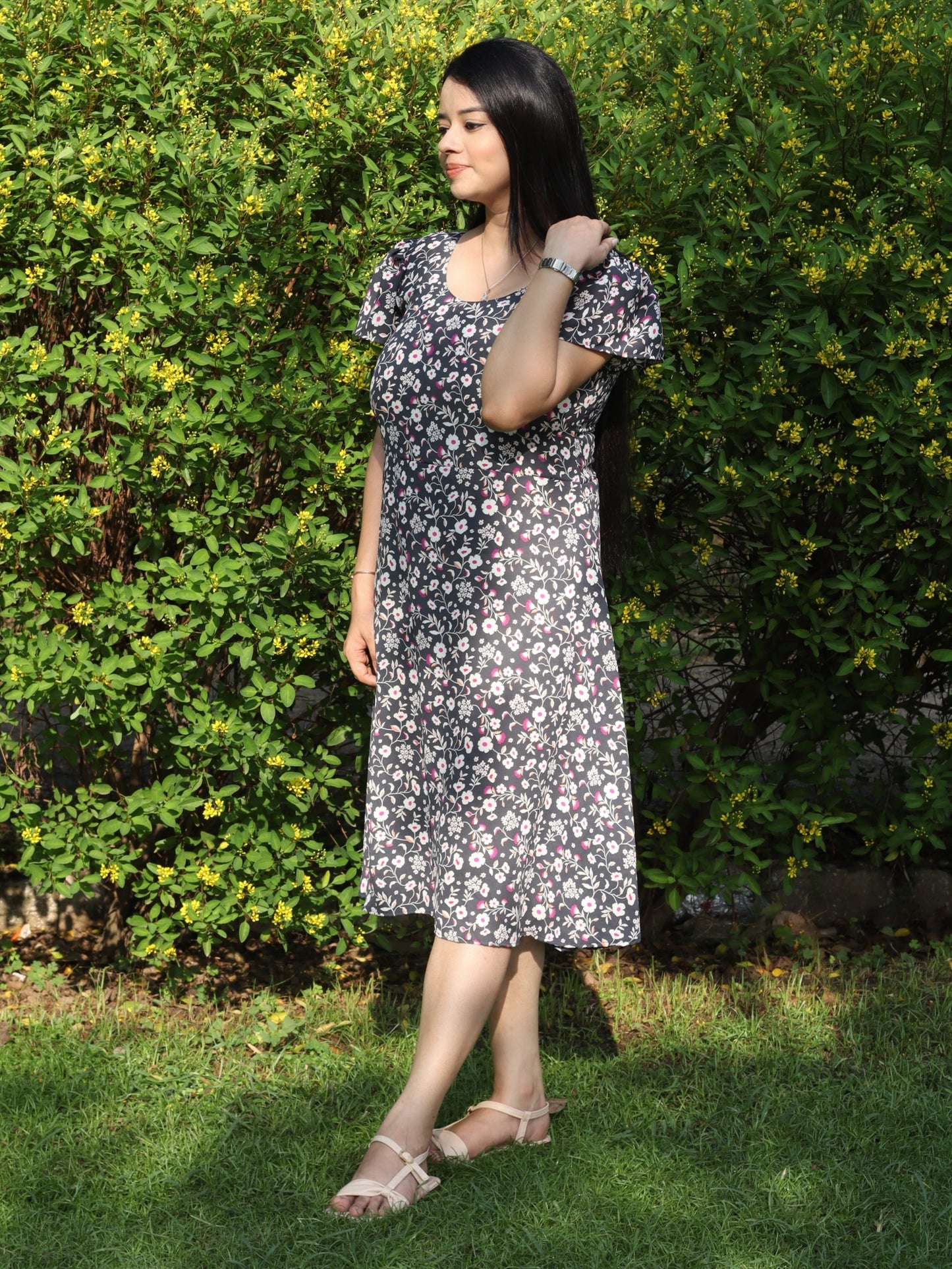 Grey Floral Flare Dress