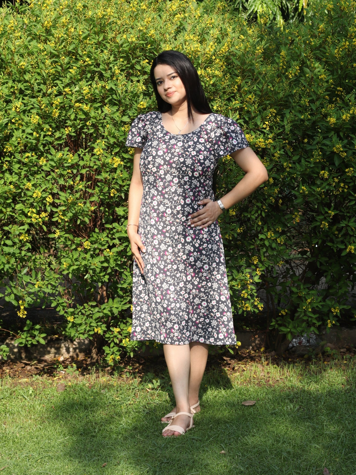 Grey Floral Flare Dress