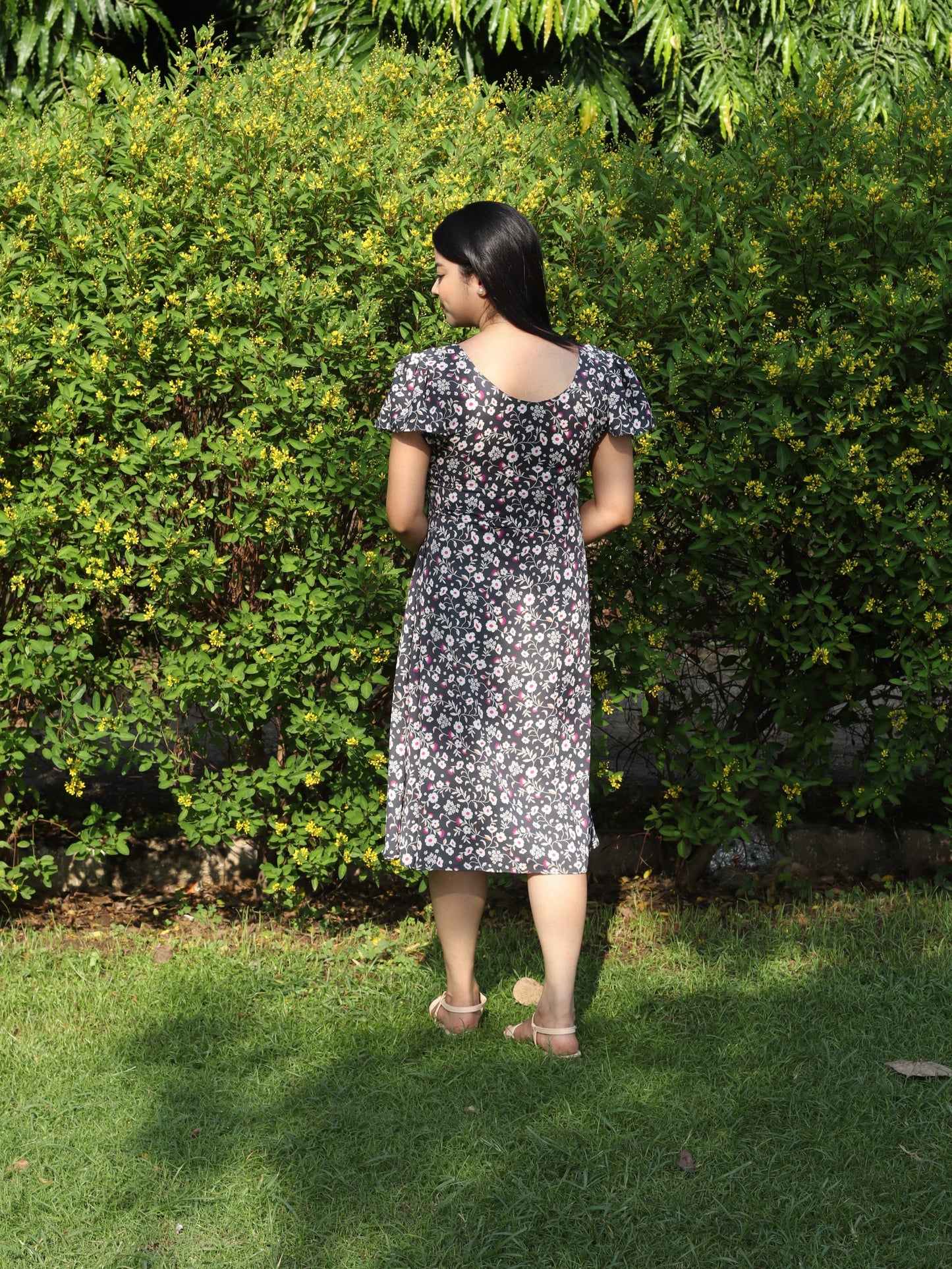 Grey Floral Flare Dress