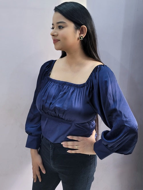 Navy Blue Off Shoulder Satin Top