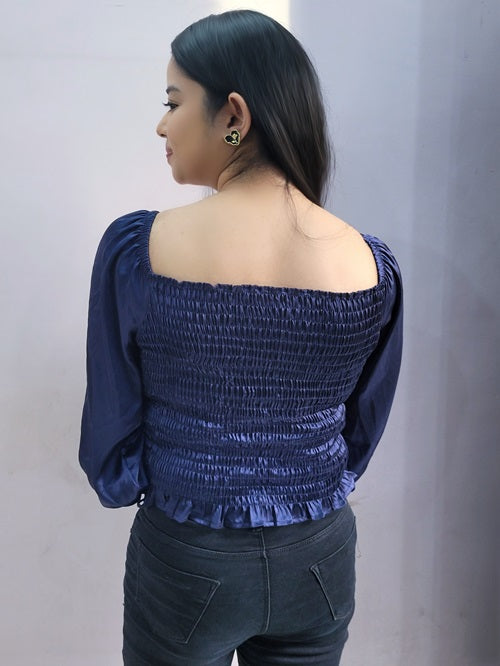 Navy Blue Off Shoulder Satin Top