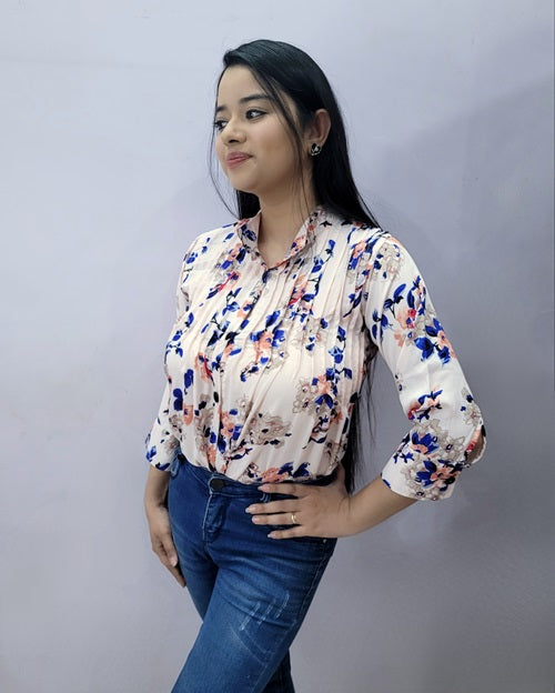 Peach Floral Pleated Shirt