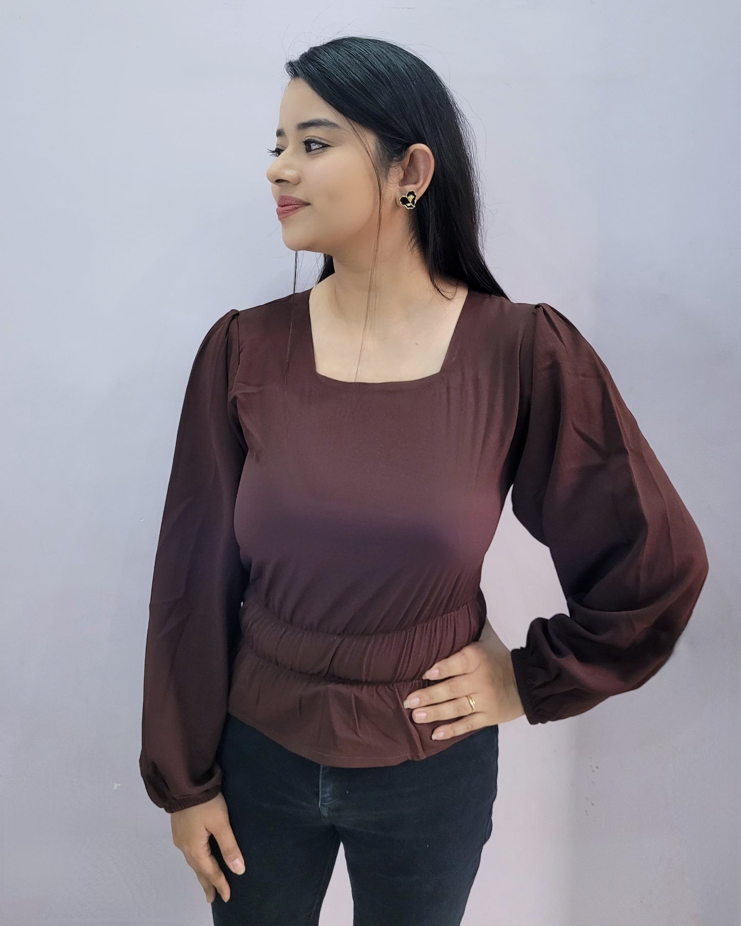 Brown Puff Sleeves Top