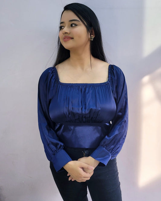 Navy Blue Off Shoulder Satin Top